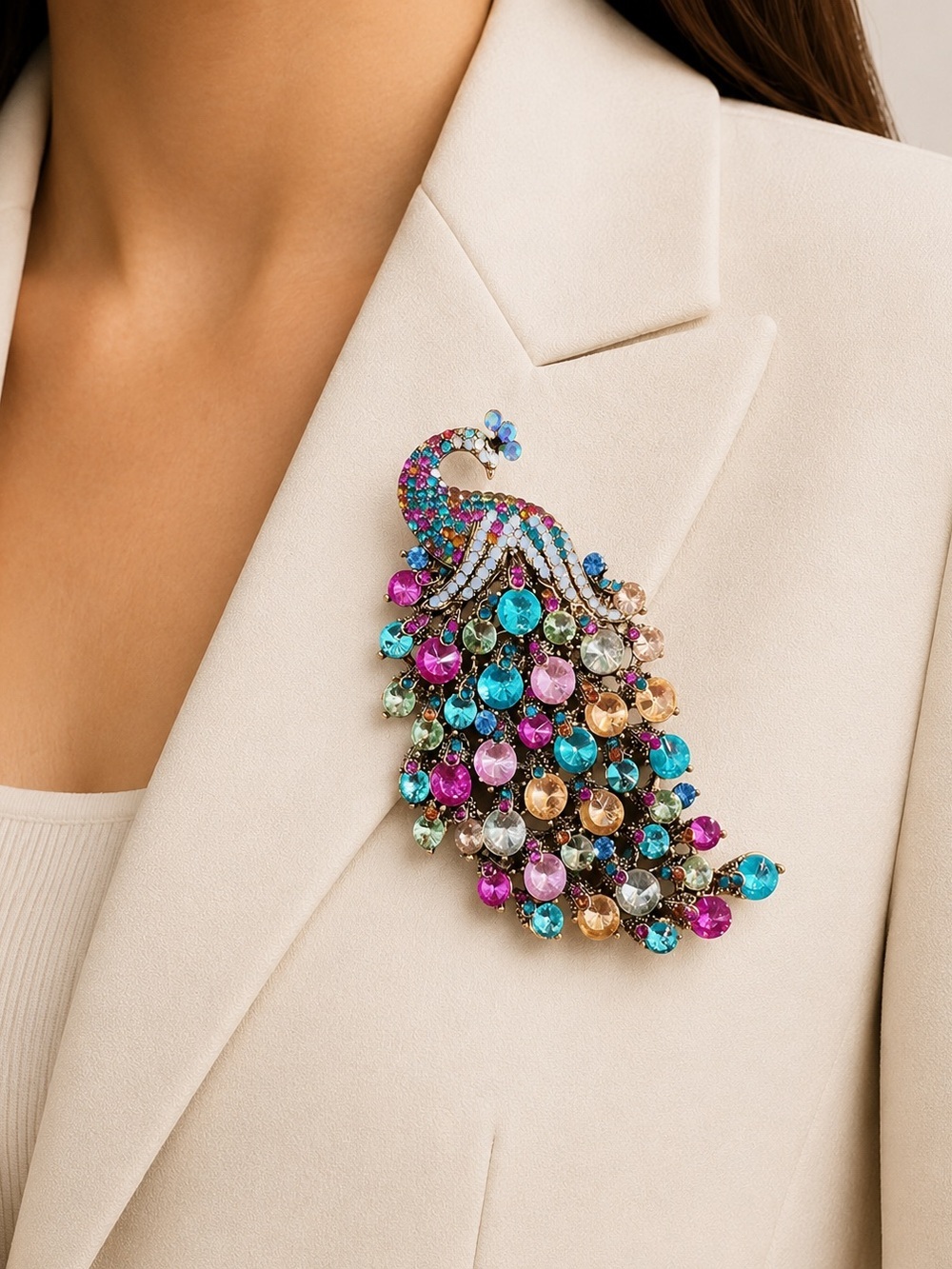 Rainbow Crystal Peacock Brooch – Jeweled Bird Pin Colorful Glam Accessory - Picture 3 of 5